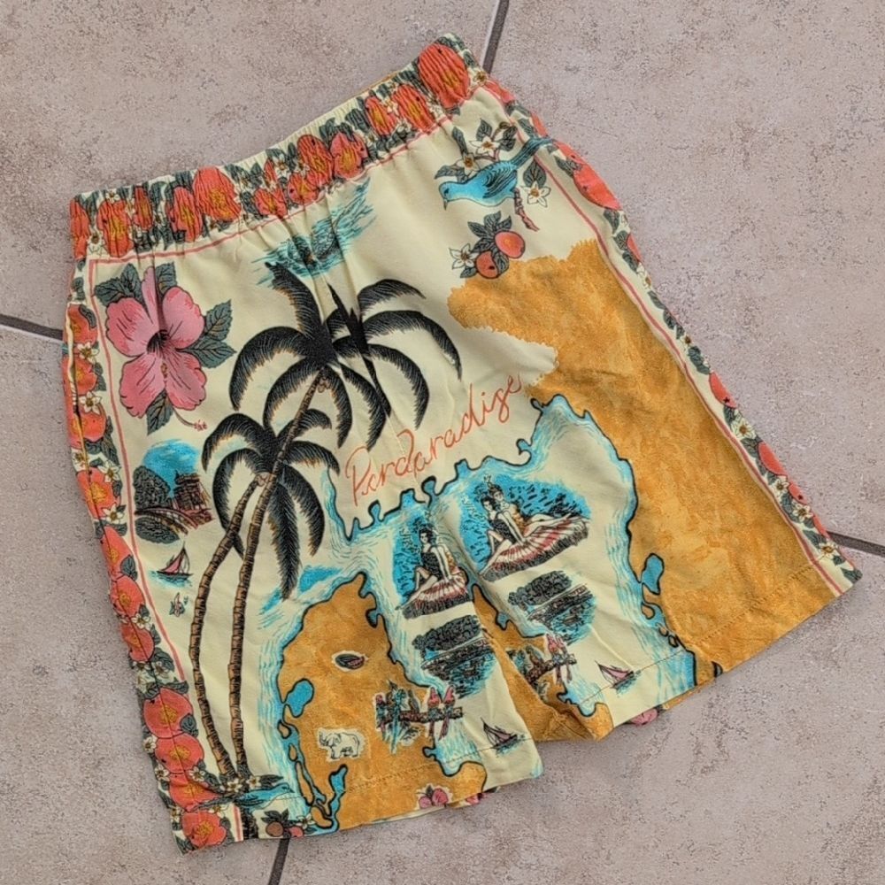 Urban Outfitters Paradise Tropical Orange Blue Pull On Long Line Shorts -Size XS